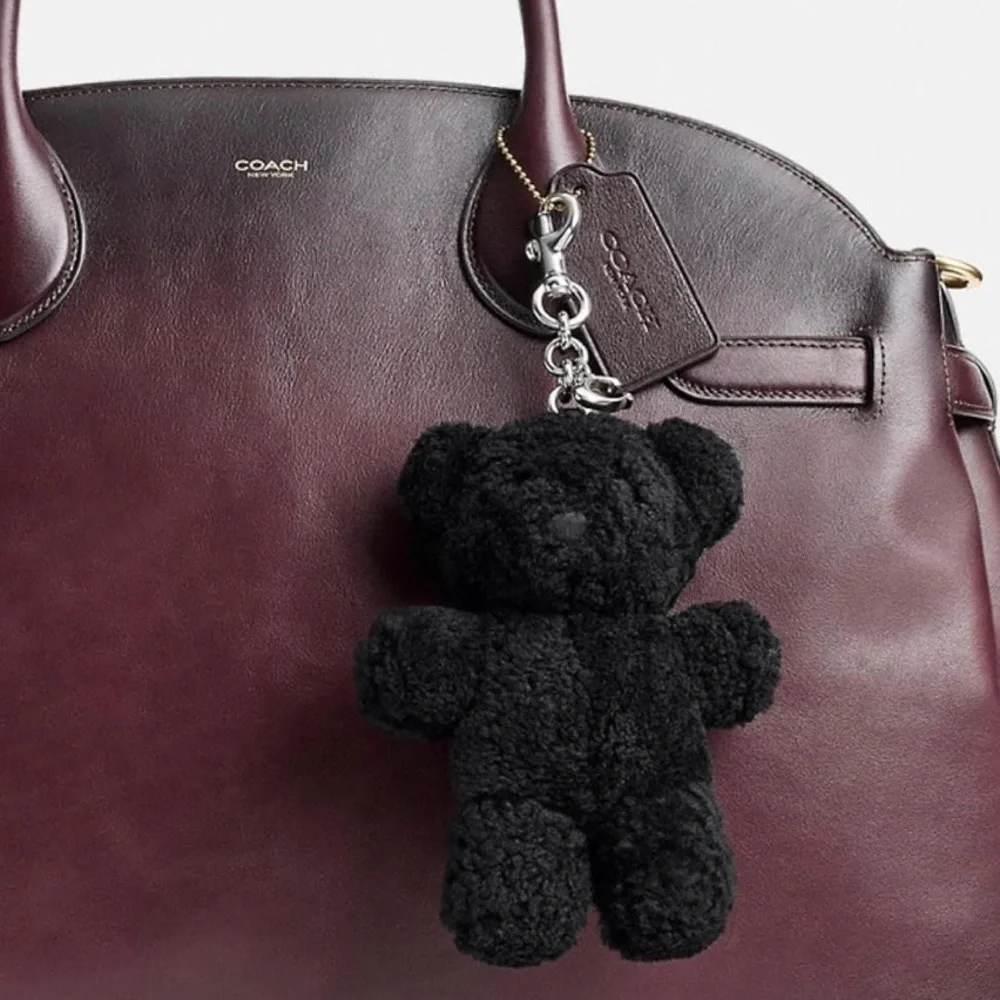 Coach Black Shearling Teddy Bear Bag Charm Keyring with Silver Hardware NWT